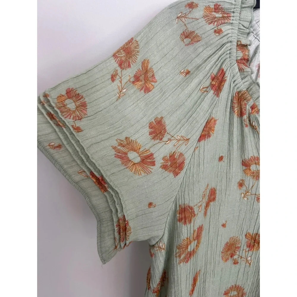 Wonderly Sage Green Floral Gauze Henley Blouse Short Flutter Sleeve Petite Large